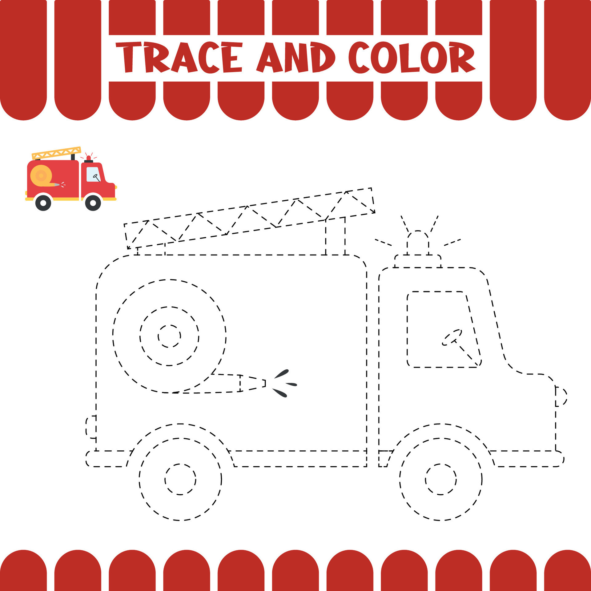 Tracing educational worksheet for kids. Trace fire engine car