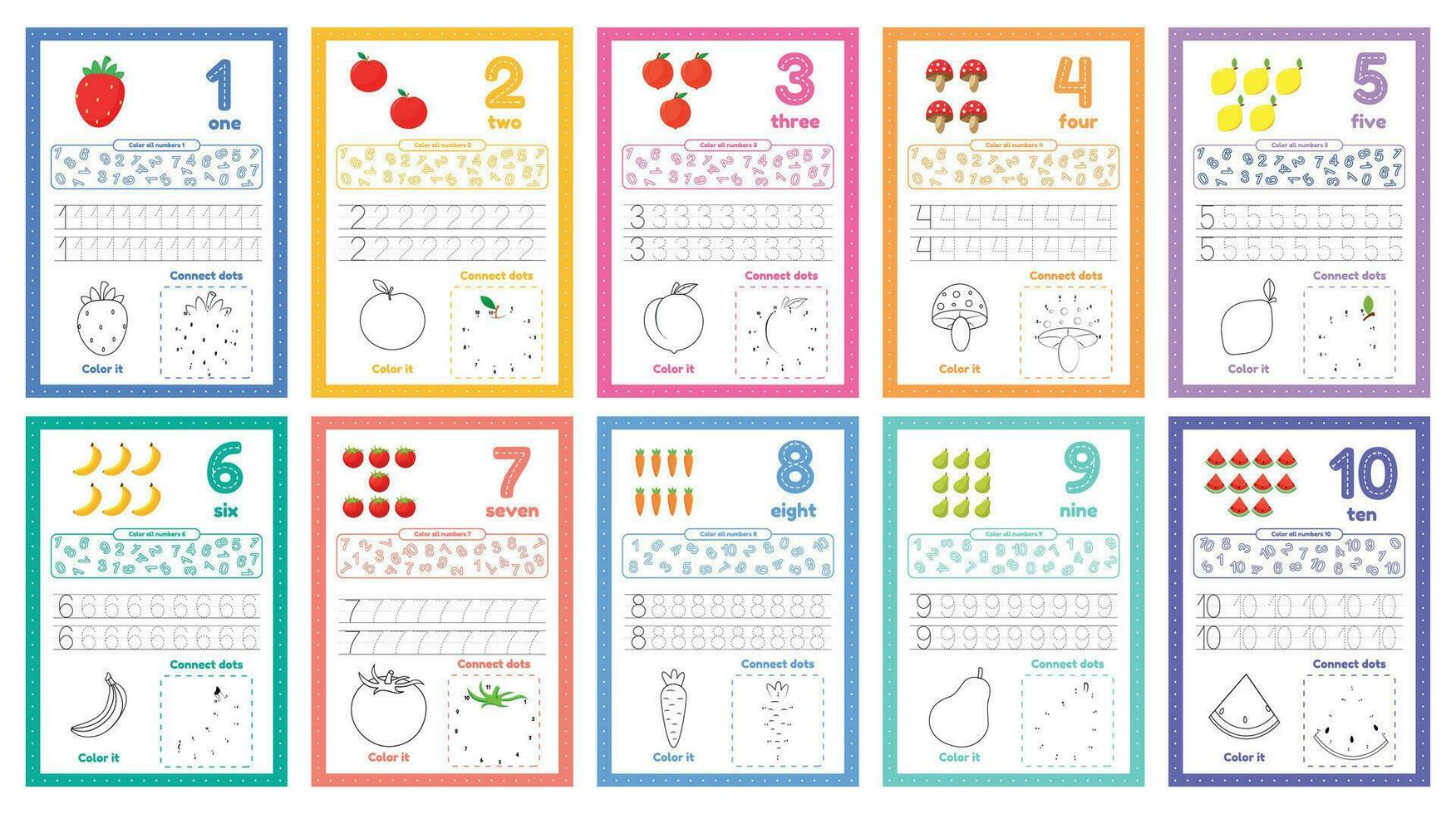 Set of learning numbers flashcards for preschool kids from 1 to 10. Activity worksheets with many exersices vector