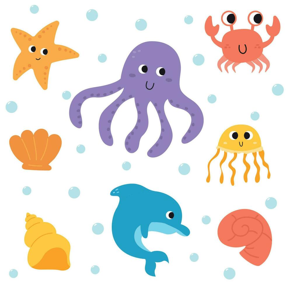 Set of cute hand drawn cartoon sea animals. Underwater world. Undersea life. Ocean creatures. vector