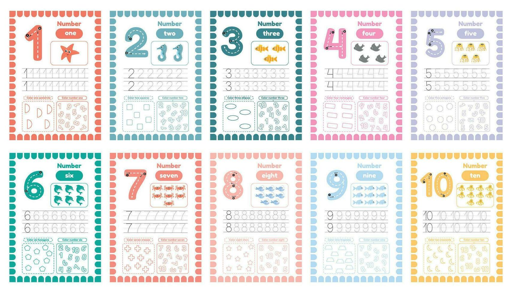 Learning numbers flaskcards for preschool kids. Set of activity worksheets with tracing vector