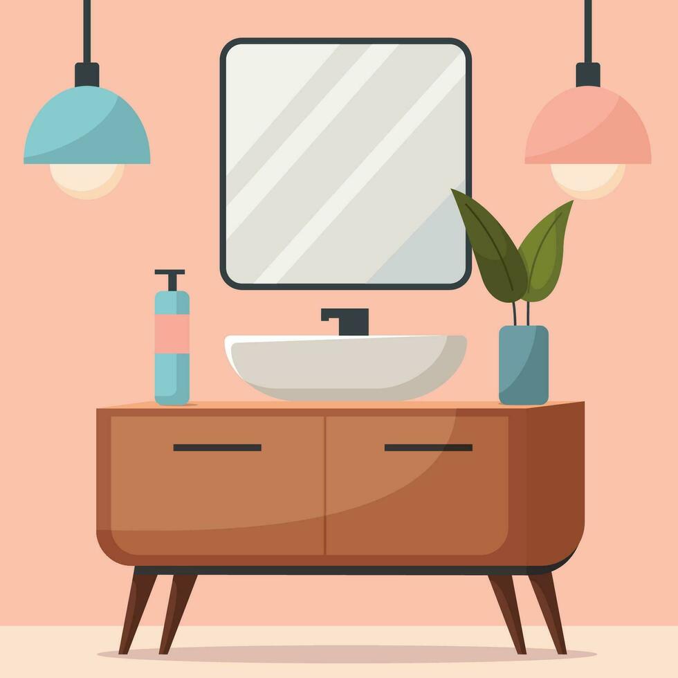 Minimalistic modern Bathroom interior design with furniture, sink, lamp and house plants. Vector