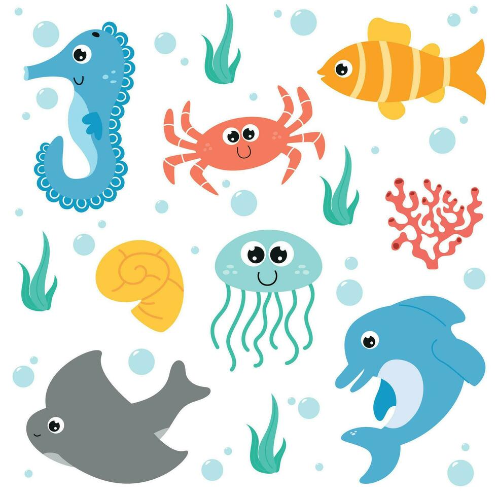 Set with hand drawn sea life animals  Undersea world.Vector cartoon illustration vector