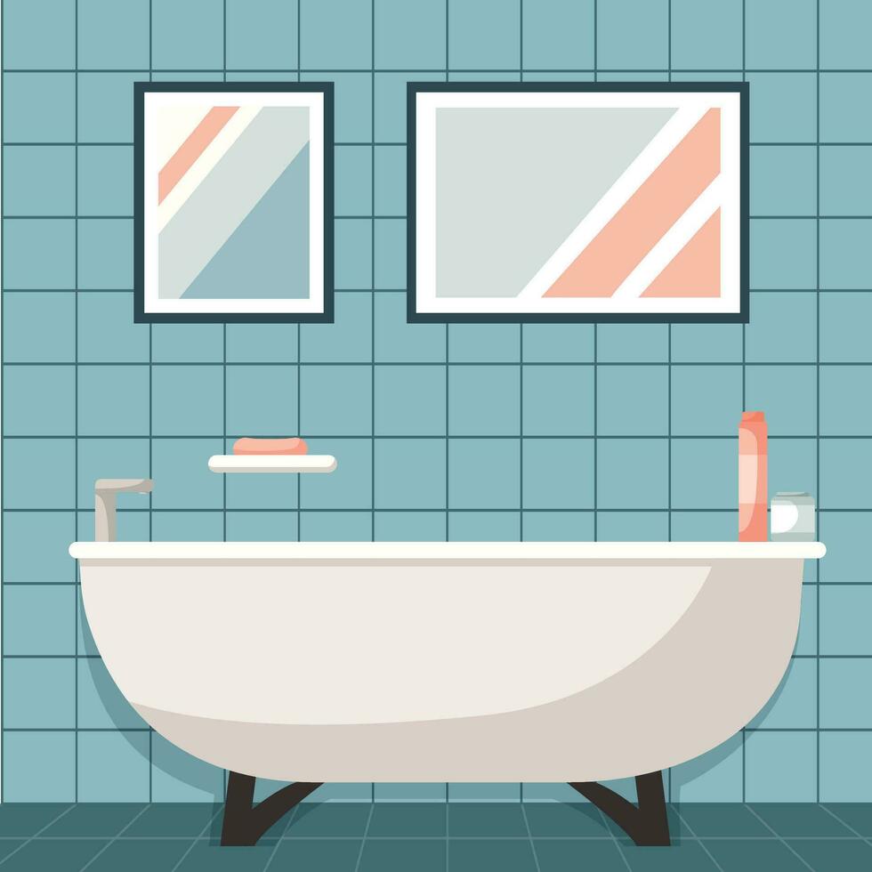 moderno baño interior con bañera, fotos, jabón y dispensadores vector