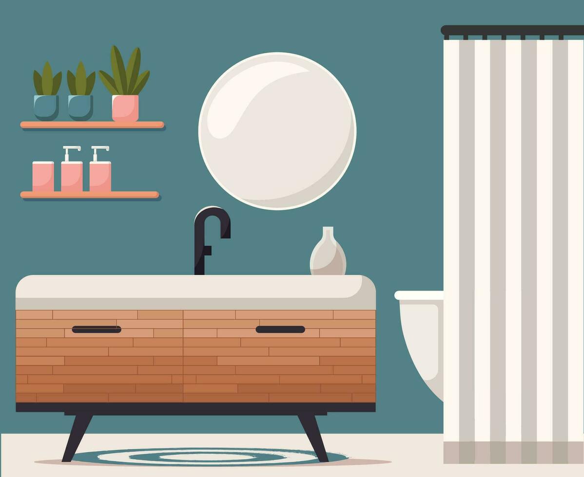 Bathroom interior design with modern furniture, bathtub and bath items. Vector