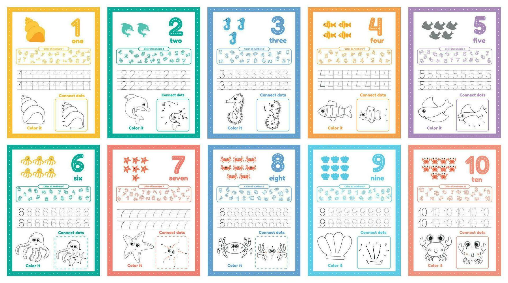 Many games on one page for kids education. Set of worksheets for preschool kid. Trace, color, count vector