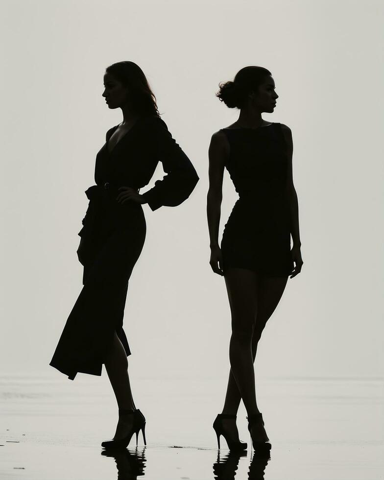 AI generated Silhouette of three women in black and white dresses, studio shot. ai generative photo