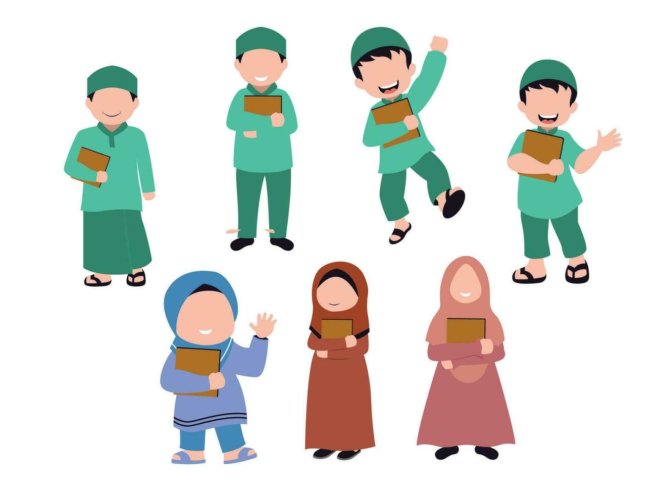 set cute isolated muslim characer. chibi style character design. vector