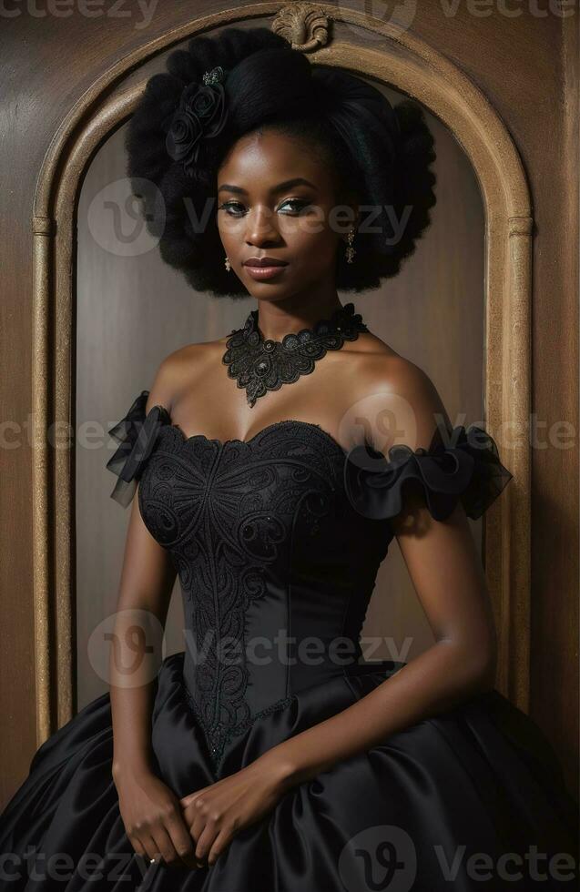 AI generated Beautiful african american woman wearing black dress and jewellery. ai generative. ai generative photo