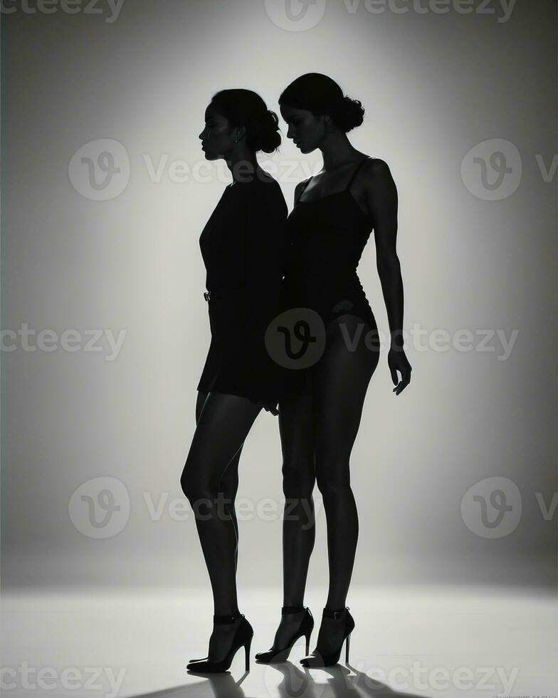 AI generated Silhouette of three women in black and white dresses, studio shot. ai generative photo