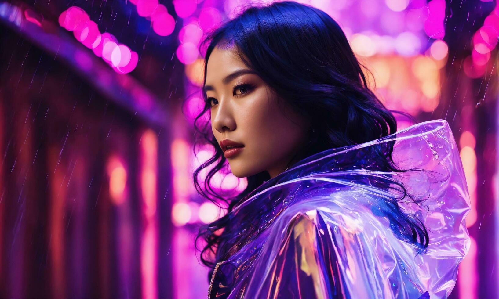 AI generated beautiful asian woman in purple raincoat walking in the city. ai generative photo