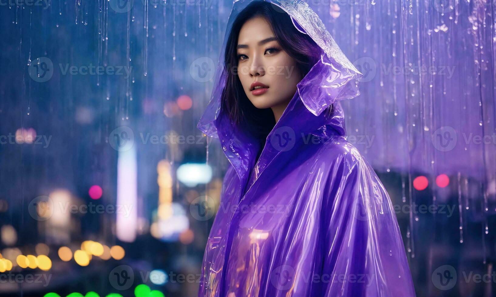 AI generated beautiful asian woman in purple raincoat walking in the city. ai generative photo