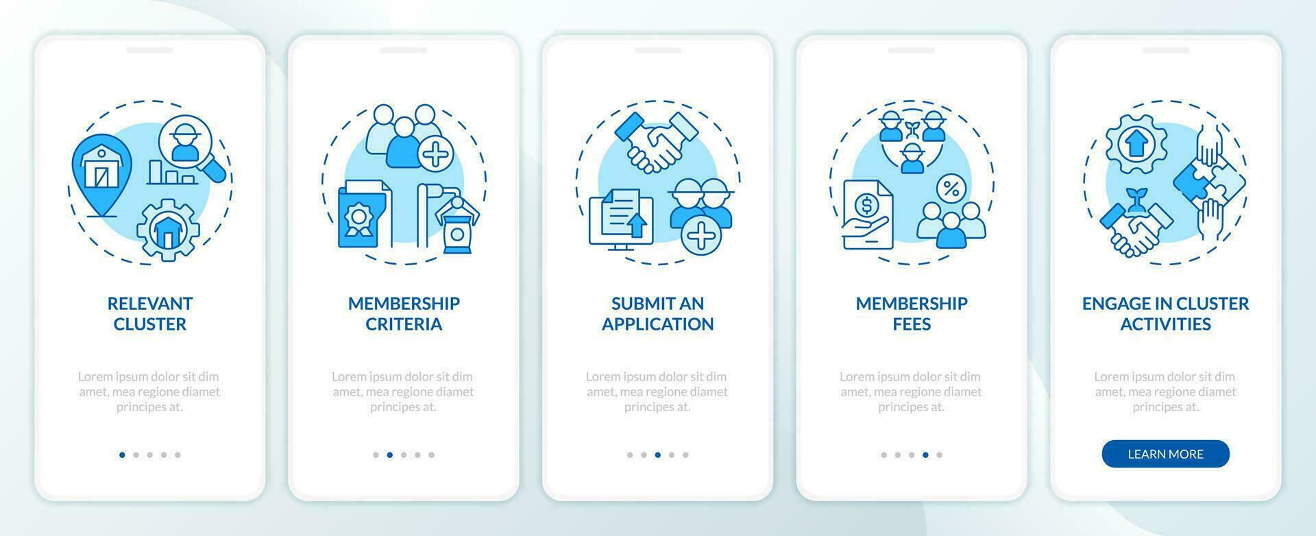 2D icons representing become member of agro-food cluster mobile app screen set. Walkthrough 5 steps blue graphic instructions with thin line icons concept, UI, UX, GUI template. vector