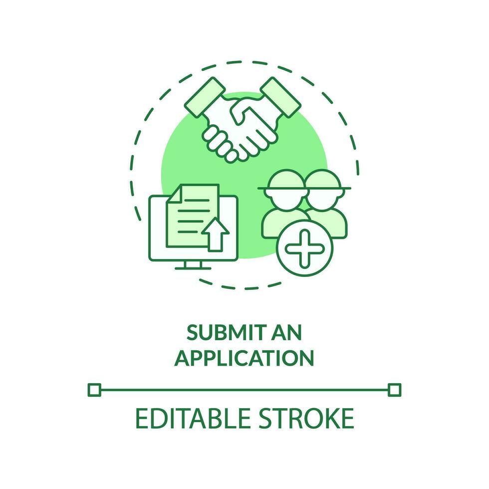 2D editable green submit an application icon, monochromatic isolated vector, thin line illustration representing agricultural clusters. vector