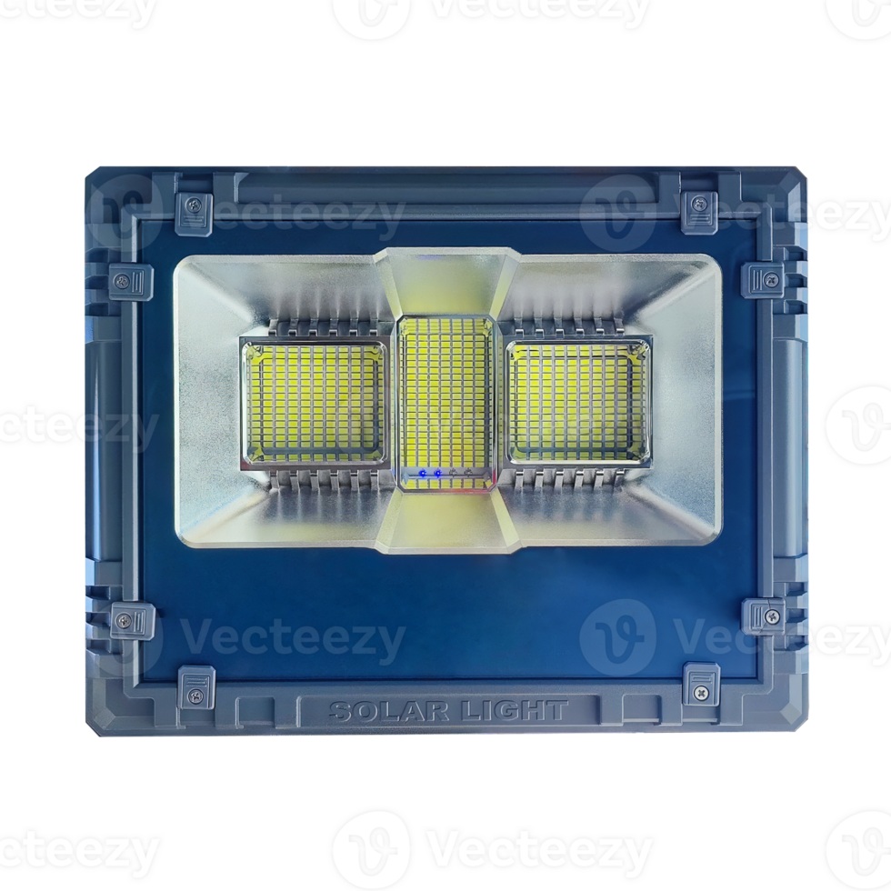 LED solar floodlight isolated on white or transparent background. New alternative lighting devices use solar cells as electrical energy sources. png