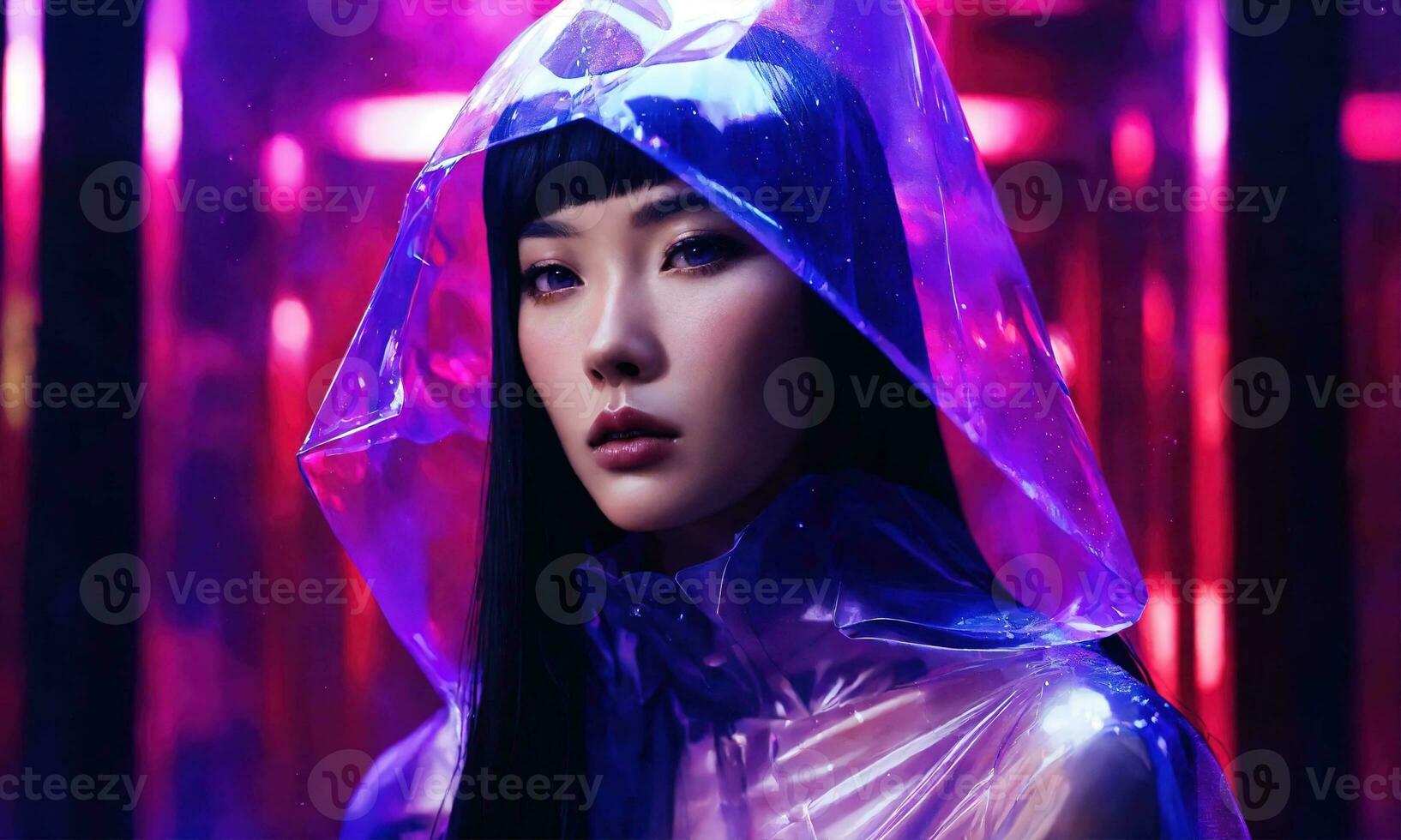 AI generated beautiful asian woman in purple raincoat walking in the city. ai generative photo