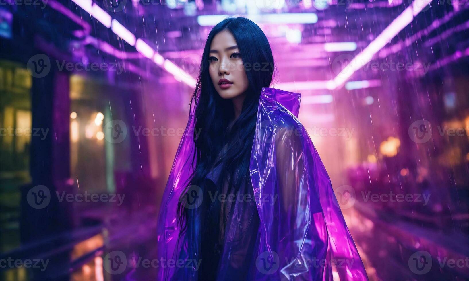AI generated beautiful asian woman in purple raincoat walking in the city. ai generative photo