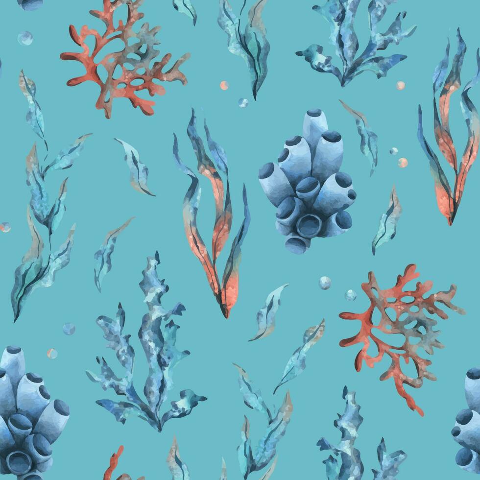 Underwater world clipart with sea animals, bubbles, coral and algae. Hand drawn watercolor illustration. Seamless pattern on a blue background Vector EPS