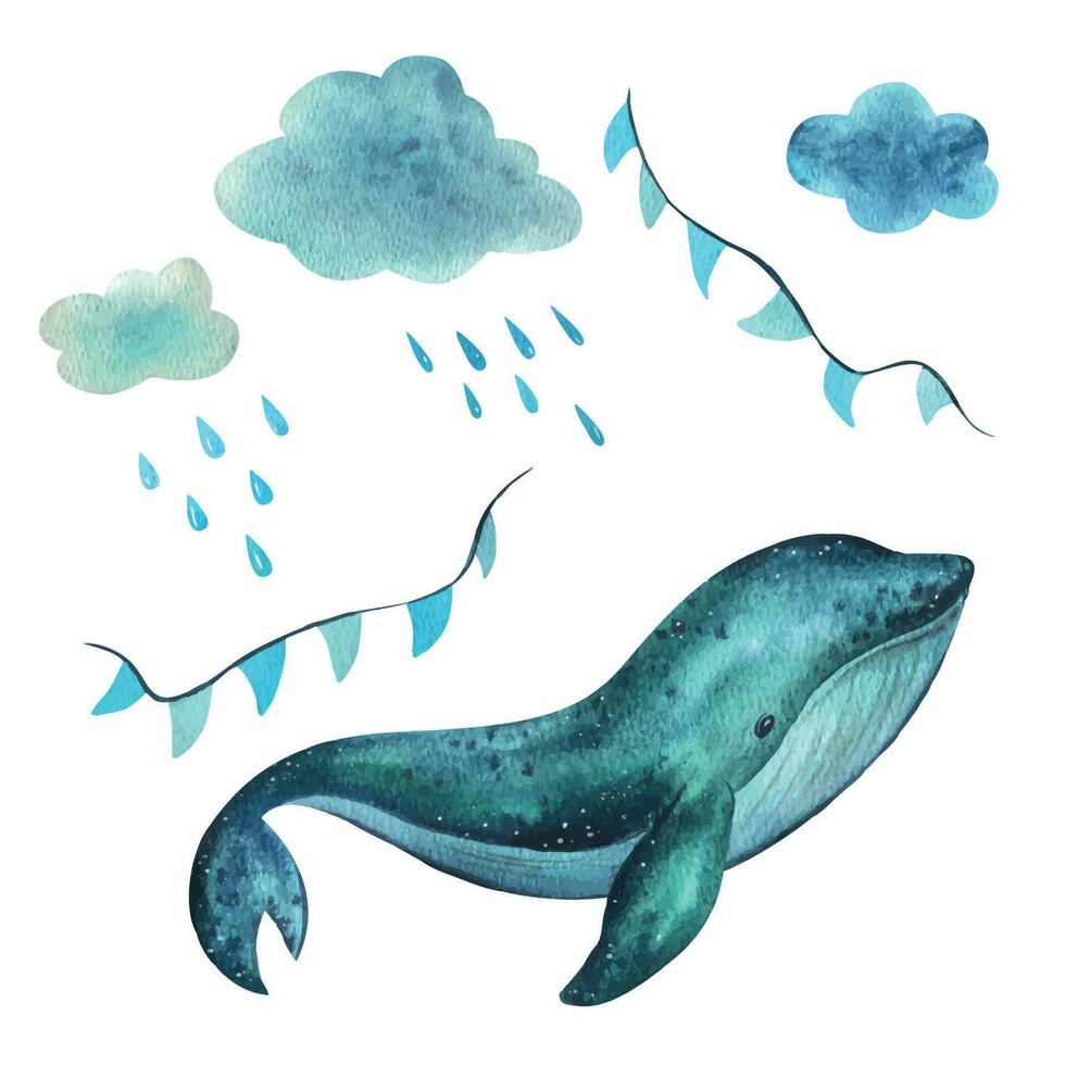 un bebé ballena nada en el mar y moscas en el cielo con guirnaldas de banderas entre el nubes y gotas de lluvia. mano dibujado niños s acuarela ilustración. conjunto de aislado objetos vector