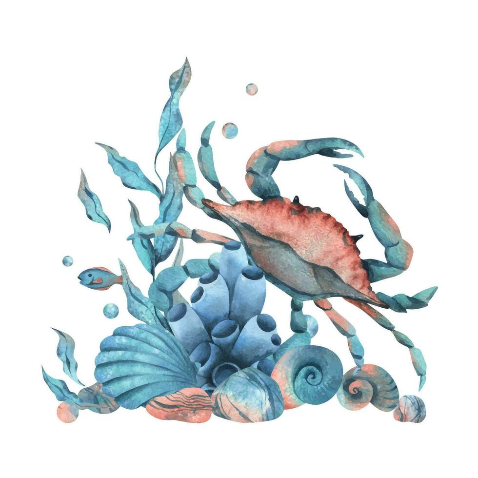 Underwater world clipart with sea animals crab, shells, coral and algae. Hand drawn watercolor illustration. Pre-made composition isolated from the background Vector EPS