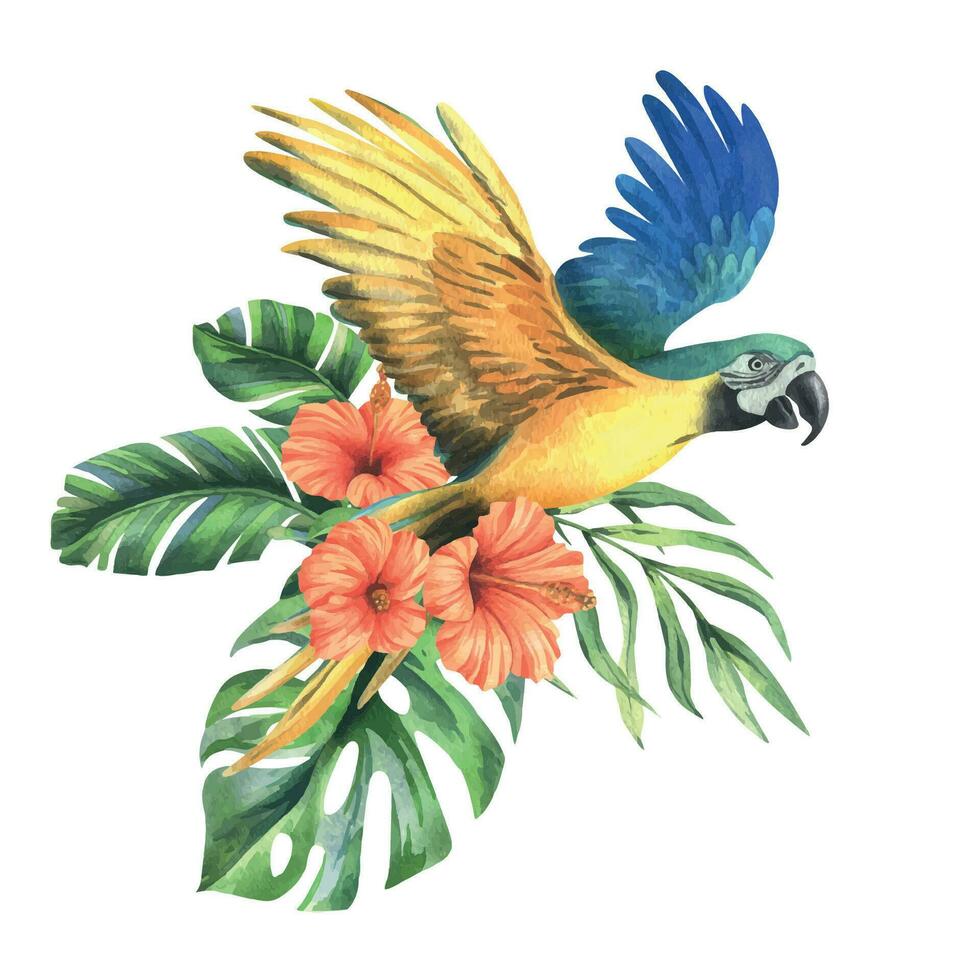 tropical palma hojas, monstera y flores de rojo hibisco, brillante jugoso con azul amarillo guacamayo loro. mano dibujado acuarela botánico ilustración. aislado composición vector