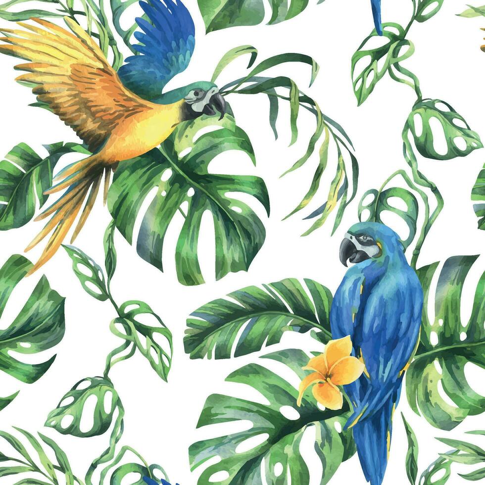 tropical palma hojas, monstera y flores de plumería, hibisco, brillante jugoso con azul amarillo guacamayo loro. mano dibujado acuarela botánico ilustración. sin costura modelo vector