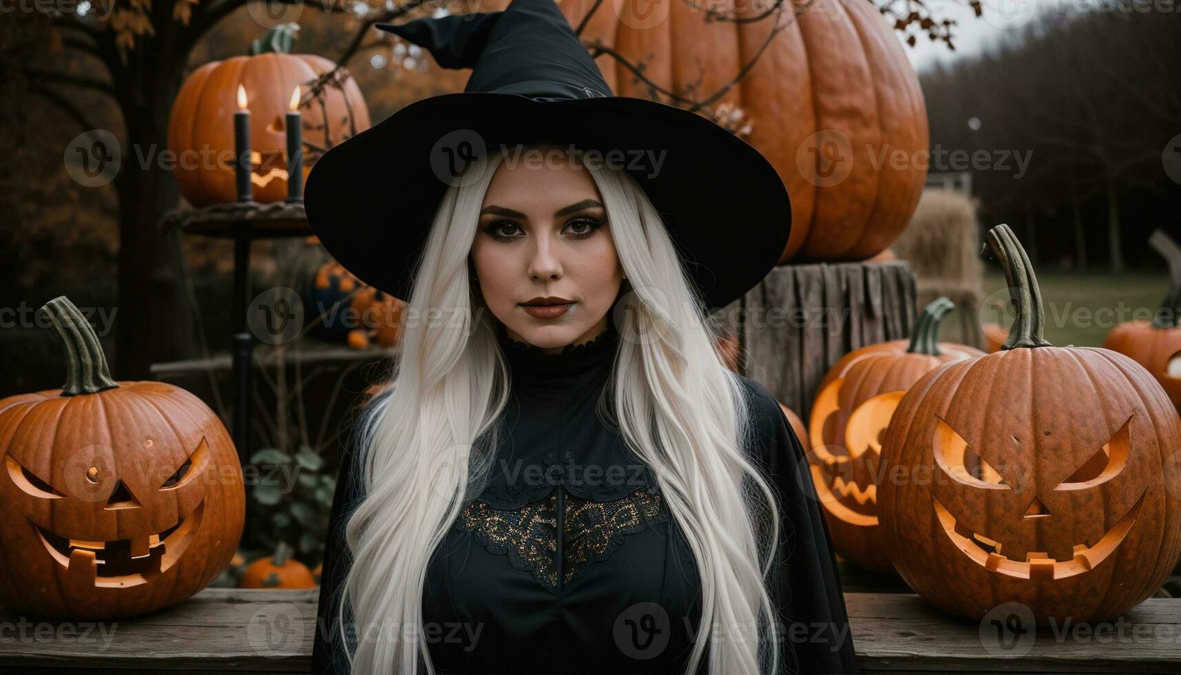 AI generated Beautiful young woman in black dress and hat on the background of Halloween pumpkins. ai generative photo