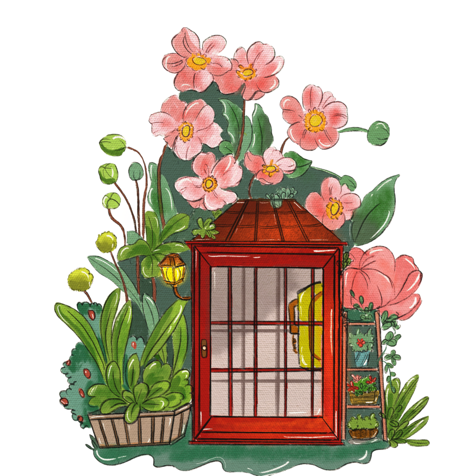 Telephone booth with flowers and plans png