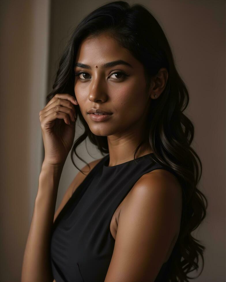 AI generated Beautiful petite Filipino woman in a black strapless dress. ai generative photo