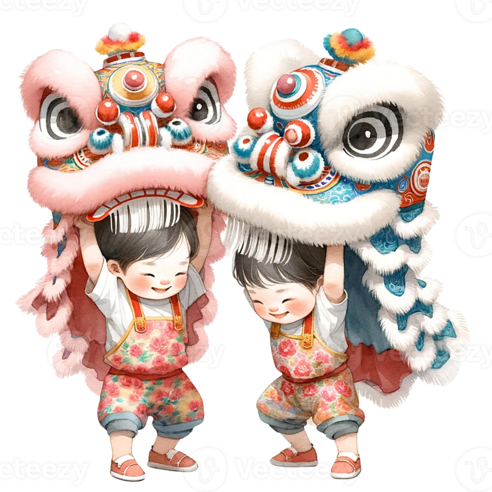 AI generated Watercolor clipart of Chinese Kids performing dragon dance. png