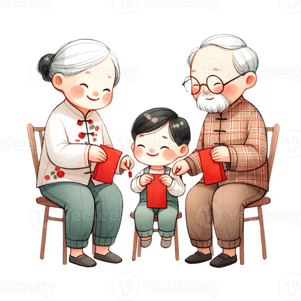 AI generated Chinese grandparent sending red packets to little boy clipart watercolor .AI Generate png