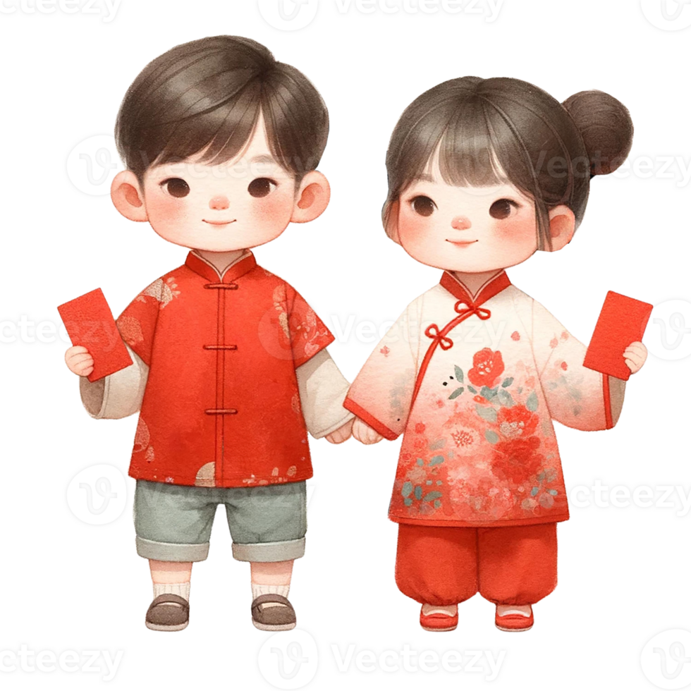 AI generated Cute asian boy and girl holding red envelopes for Chinese New Yearclipart watercolor .AI Generate png