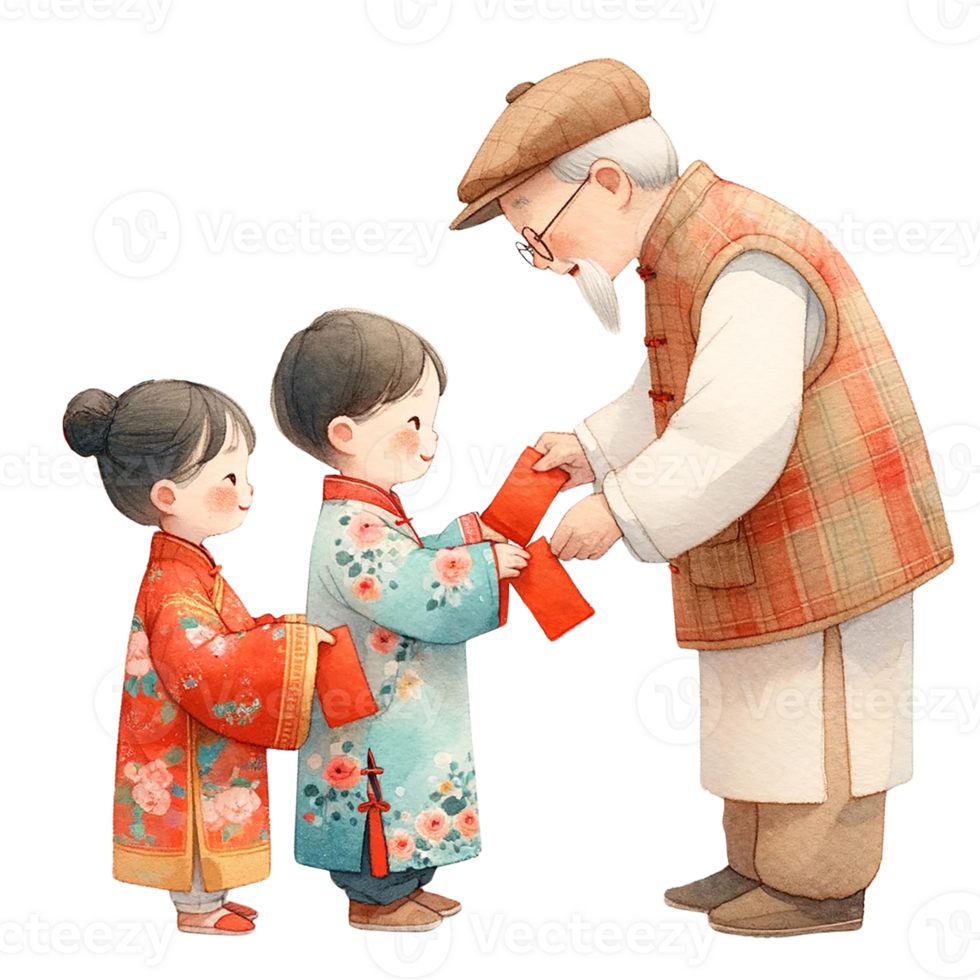 AI generated Chinese kids  receiving red packets from  grandfather clipart watercolor .AI Generate png