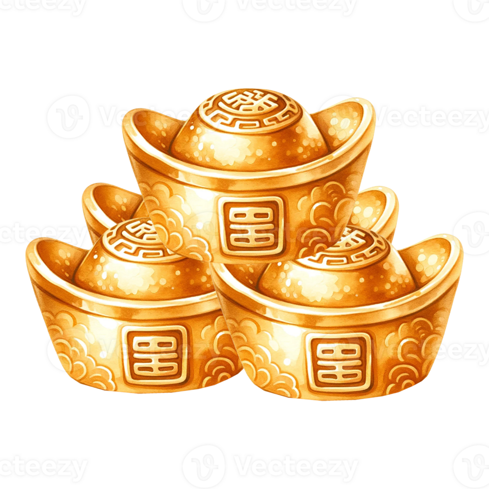 AI generated Chinese gold ingots clipart watercolor .AI Generate png
