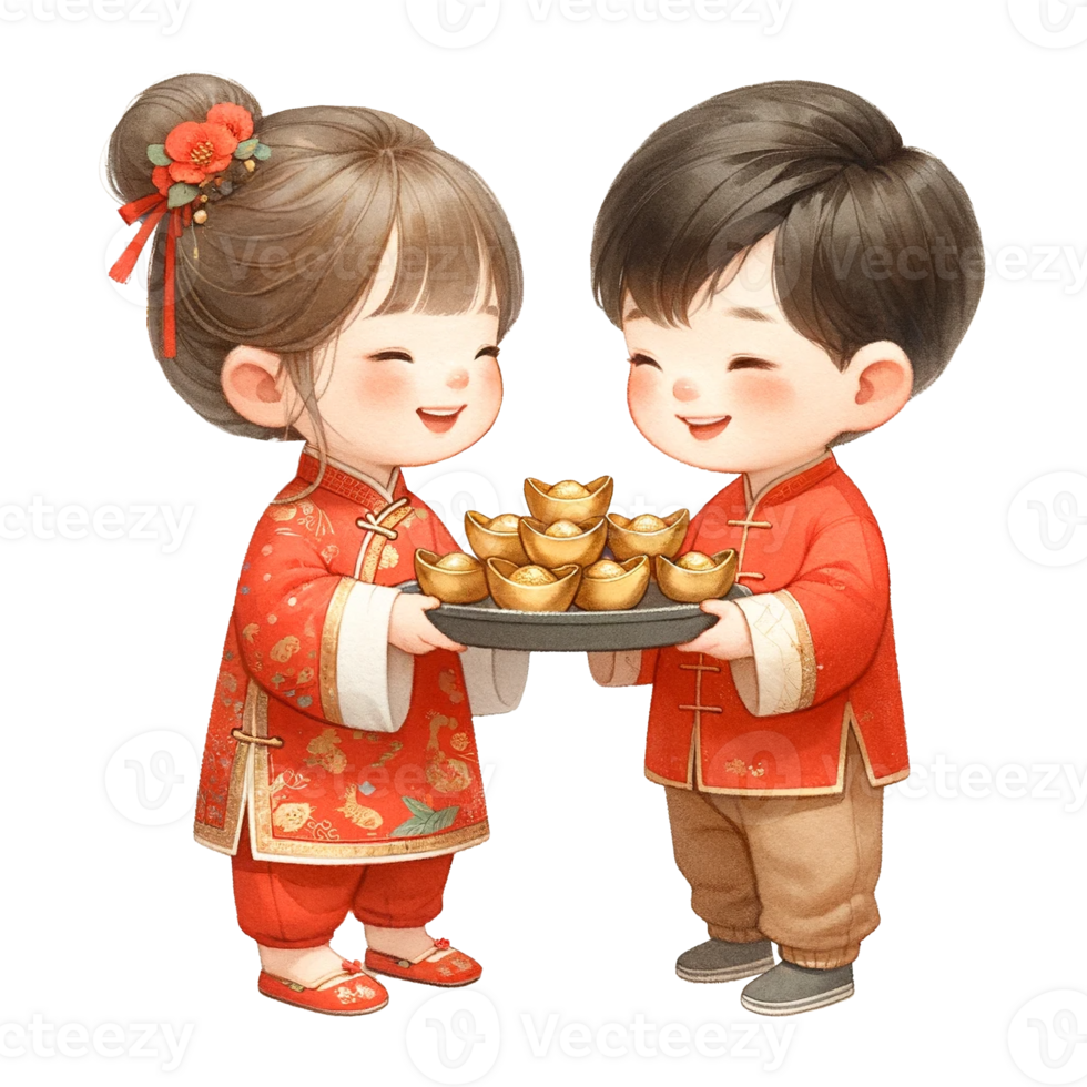 AI generated Cute Chinese boy and girl holding gold ingots for Chinese New Year clipart watercolor .AI Generate png