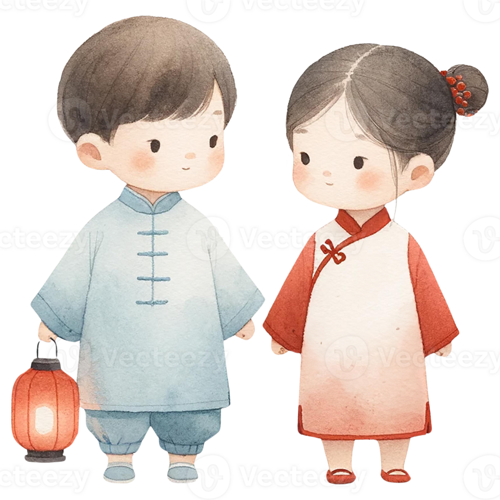 AI generated Chinese New Year boy and girl holding red paper lanterns clipart watercolor .AI Generate png