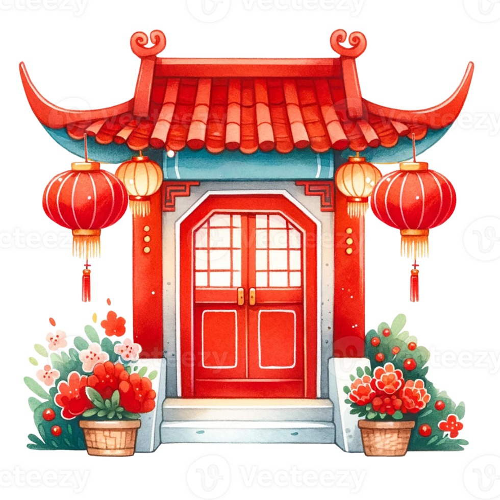 ai gegenereerd waterverf Chinese deur met rood lantaarns en bloemen .ai genereren png