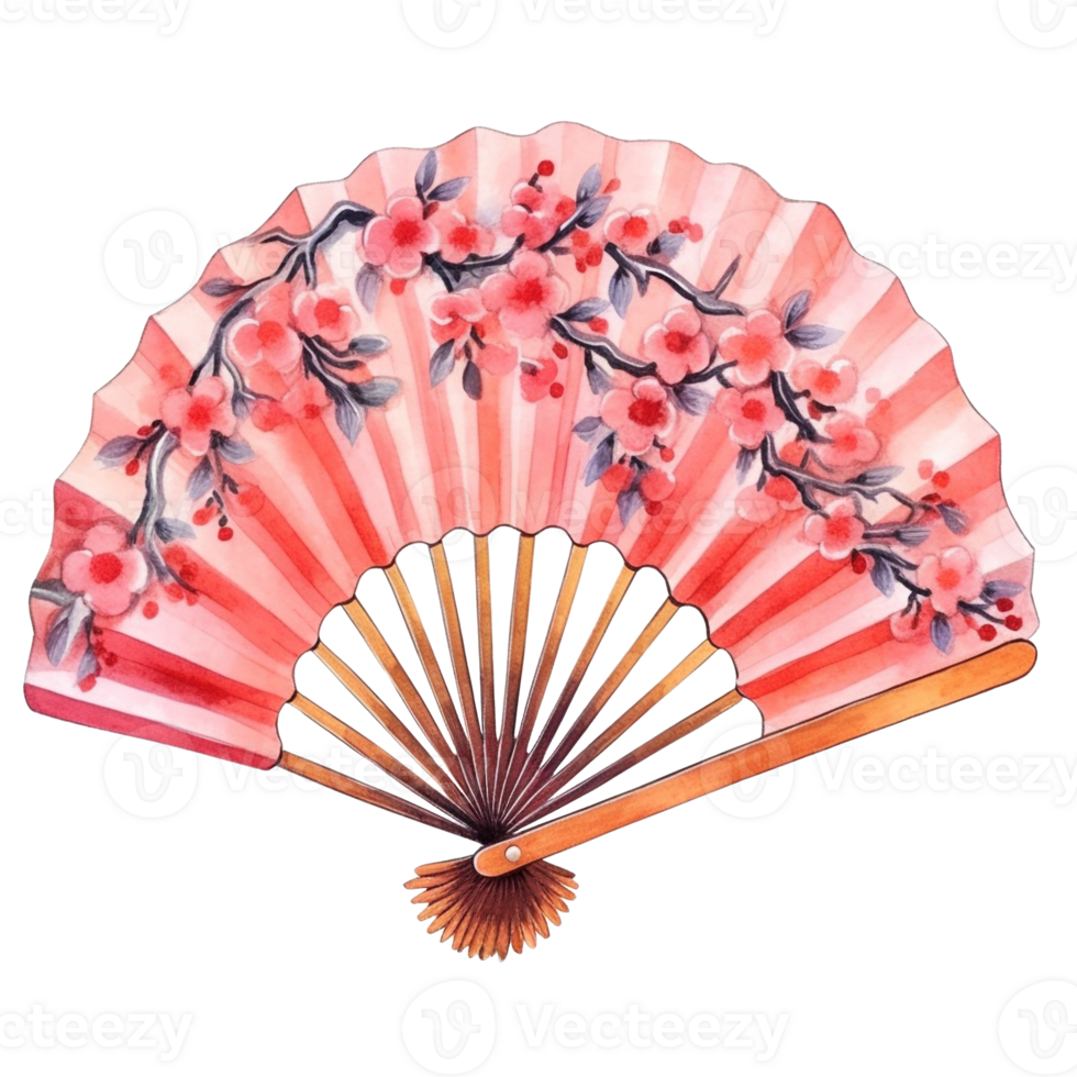 ai généré chinois ventilateur avec fleurs aquarelle.ai produire png