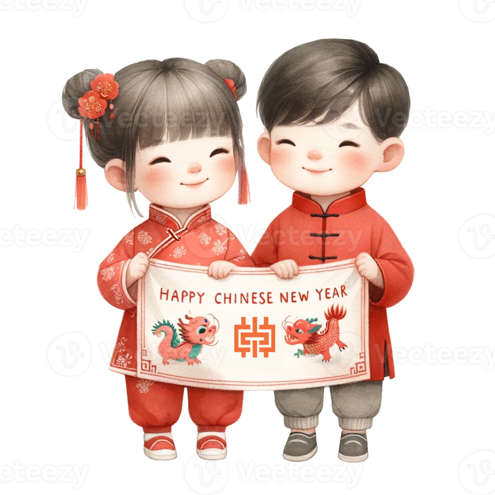 AI generated Chinese boy and girl holding Happy New Year scroll clipart watercolor .AI Generate png