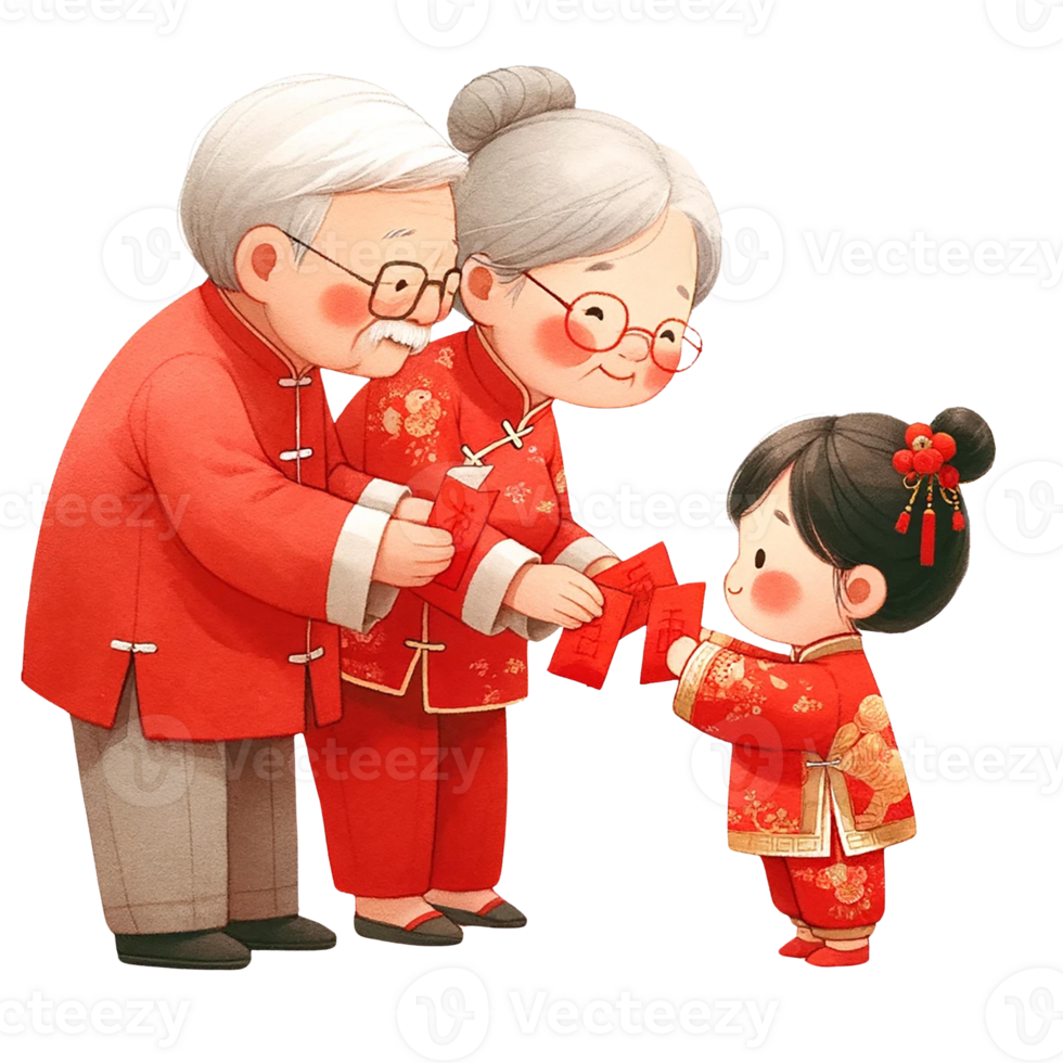 AI generated Chinese grandparent  sending  red packet to little  girl clipart watercolor .AI Generate png