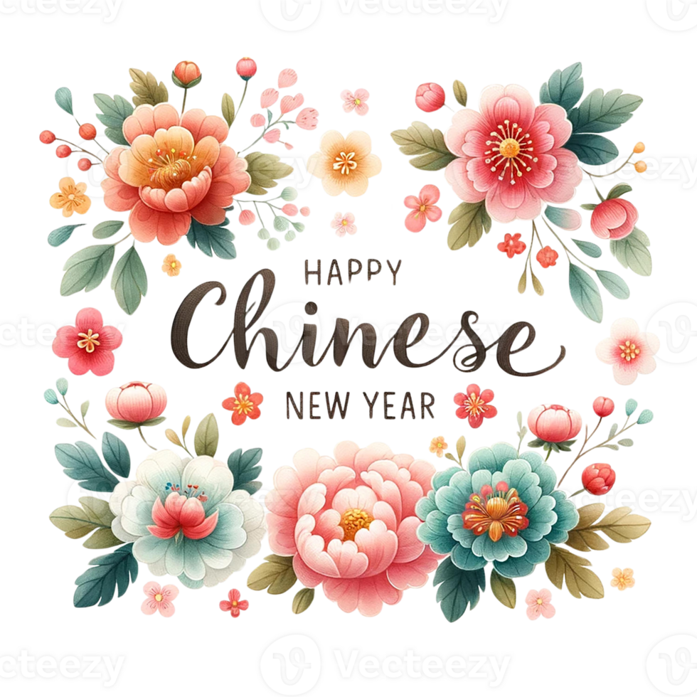 AI generated Watercolor clipart of Happy Chinese New Year greeting card with floral frame. png