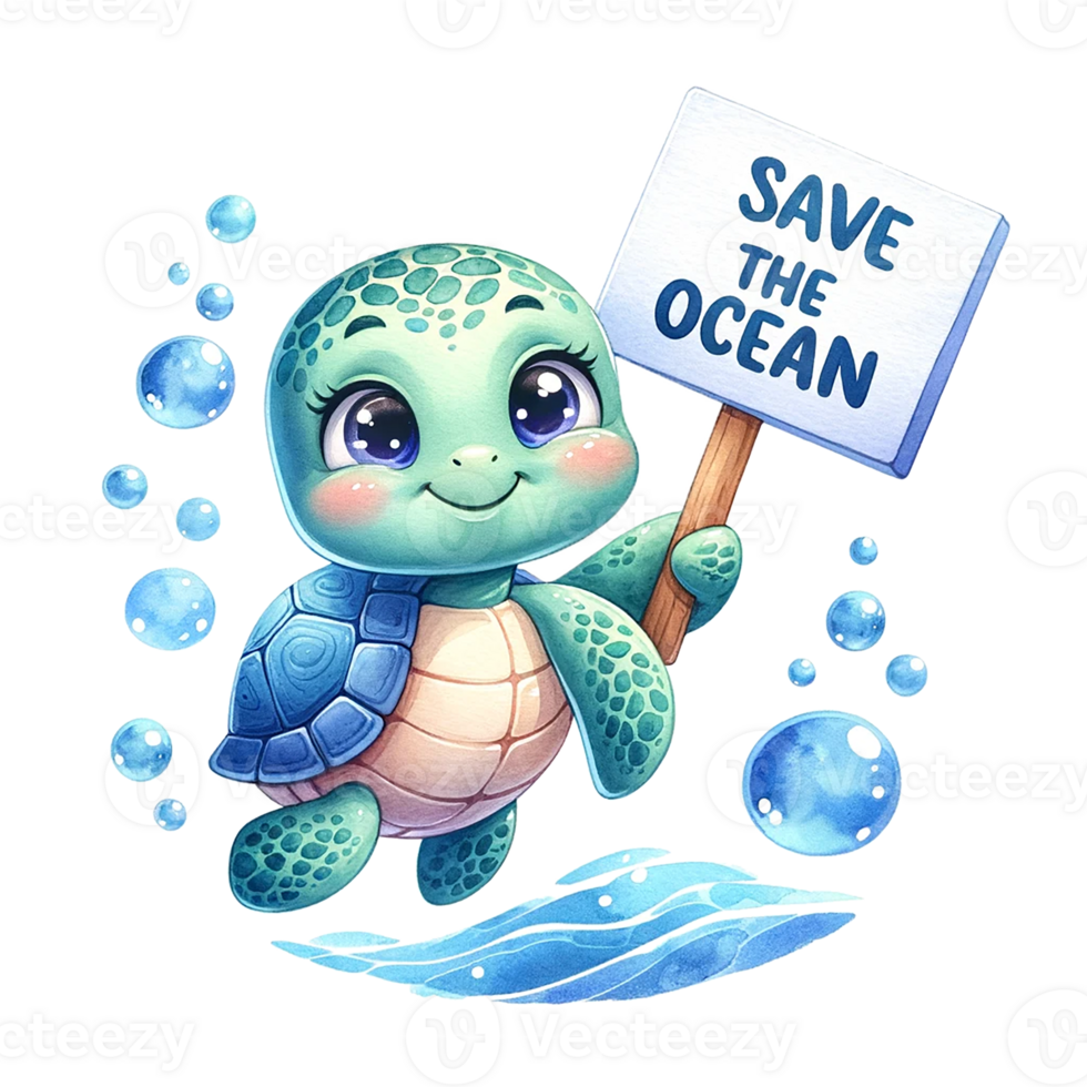 AI generated A turtle with  Save the Ocean banner  under water. watercolor illustration png