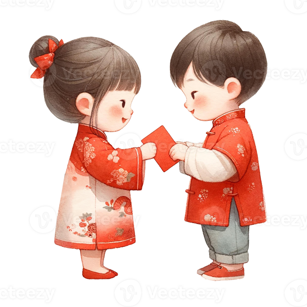 AI generated Cute asian boy and girl holding red envelopes for Chinese New Yearclipart watercolor .AI Generate png