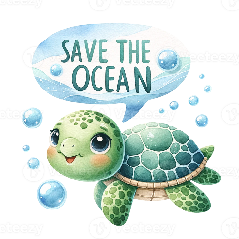 ai generado un Tortuga con un habla burbuja salvar el Oceano debajo agua acuarela ilustración. ai generar. png