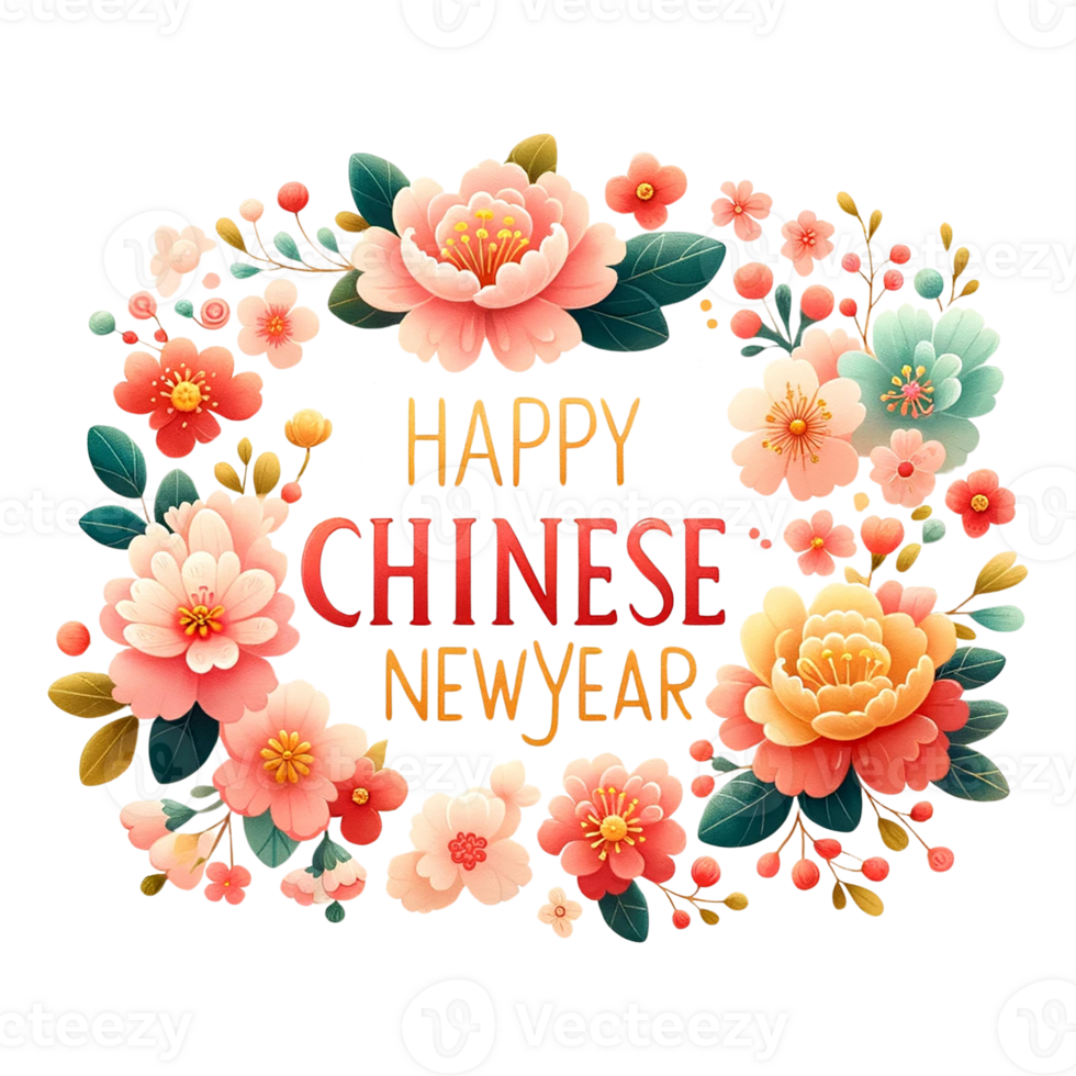 AI generated Watercolor clipart of Happy Chinese New Year greeting card with floral frame. png