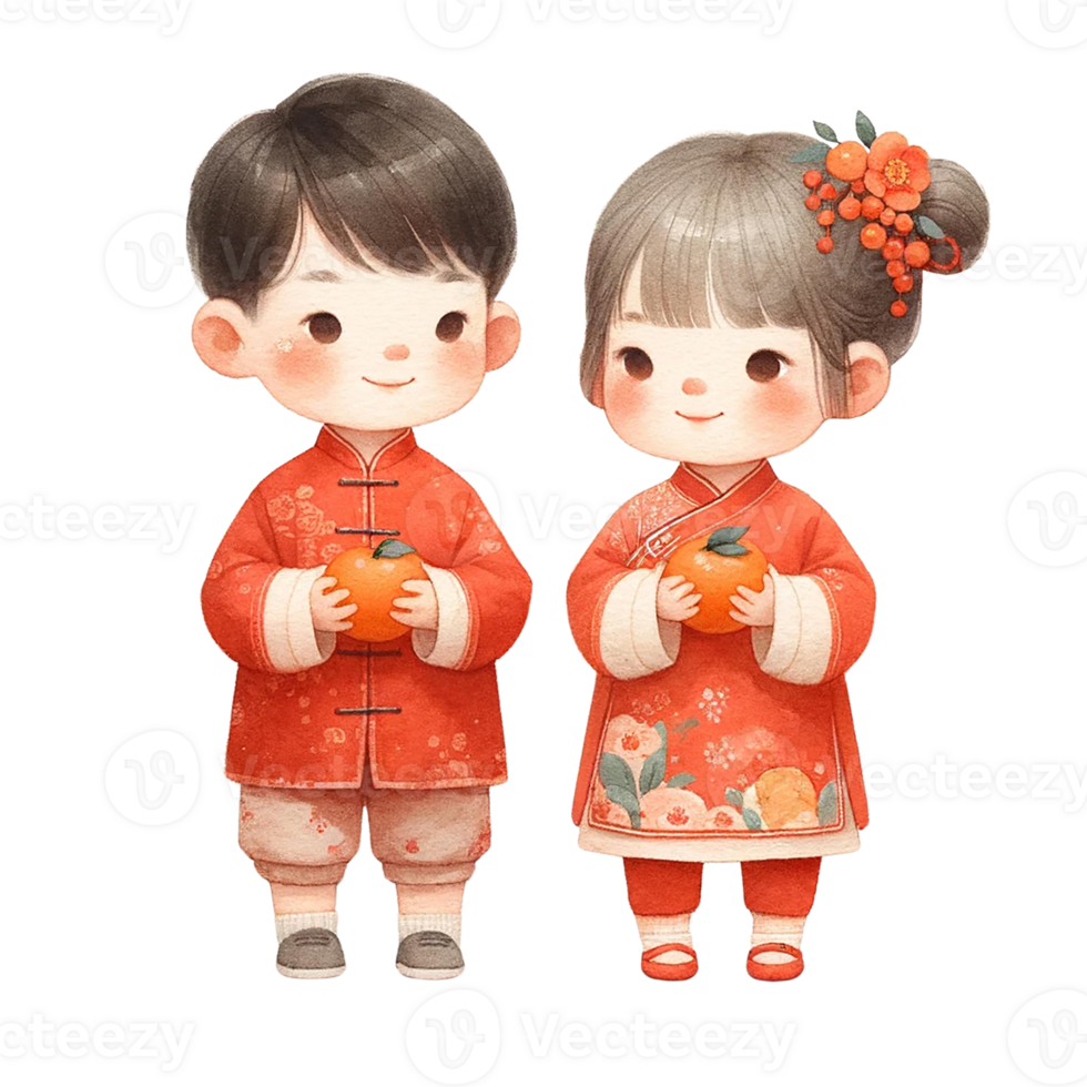 AI generated Cute Chinese girl and boy in traditional costume holding  mandarins clipart watercolor .AI Generate png