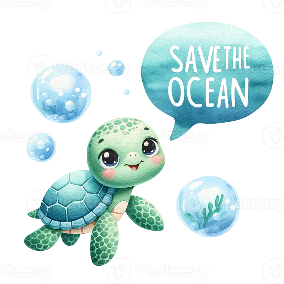 AI generated A turtle with a speech bubble  Save the Ocean under water watercolor illustration. Ai Generate. png