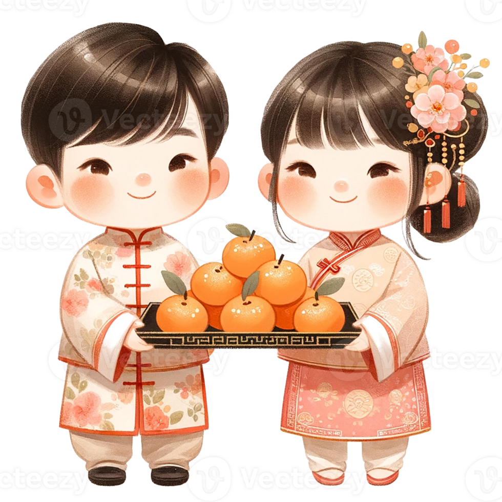 ai gegenereerd schattig Chinese meisje en jongen in traditioneel kostuum Holding mandarijnen clip art waterverf .ai genereren png