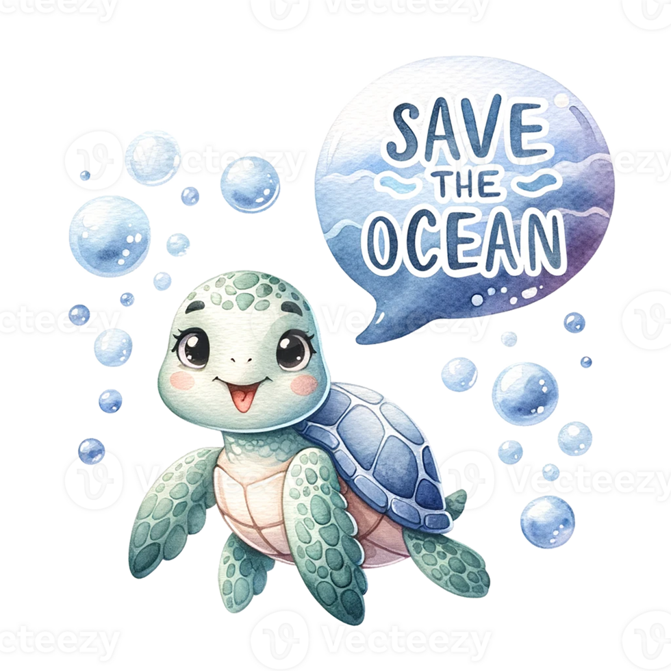 ai gerado uma tartaruga com uma discurso bolha Salve  a oceano debaixo água aguarela ilustração. ai gerar. png