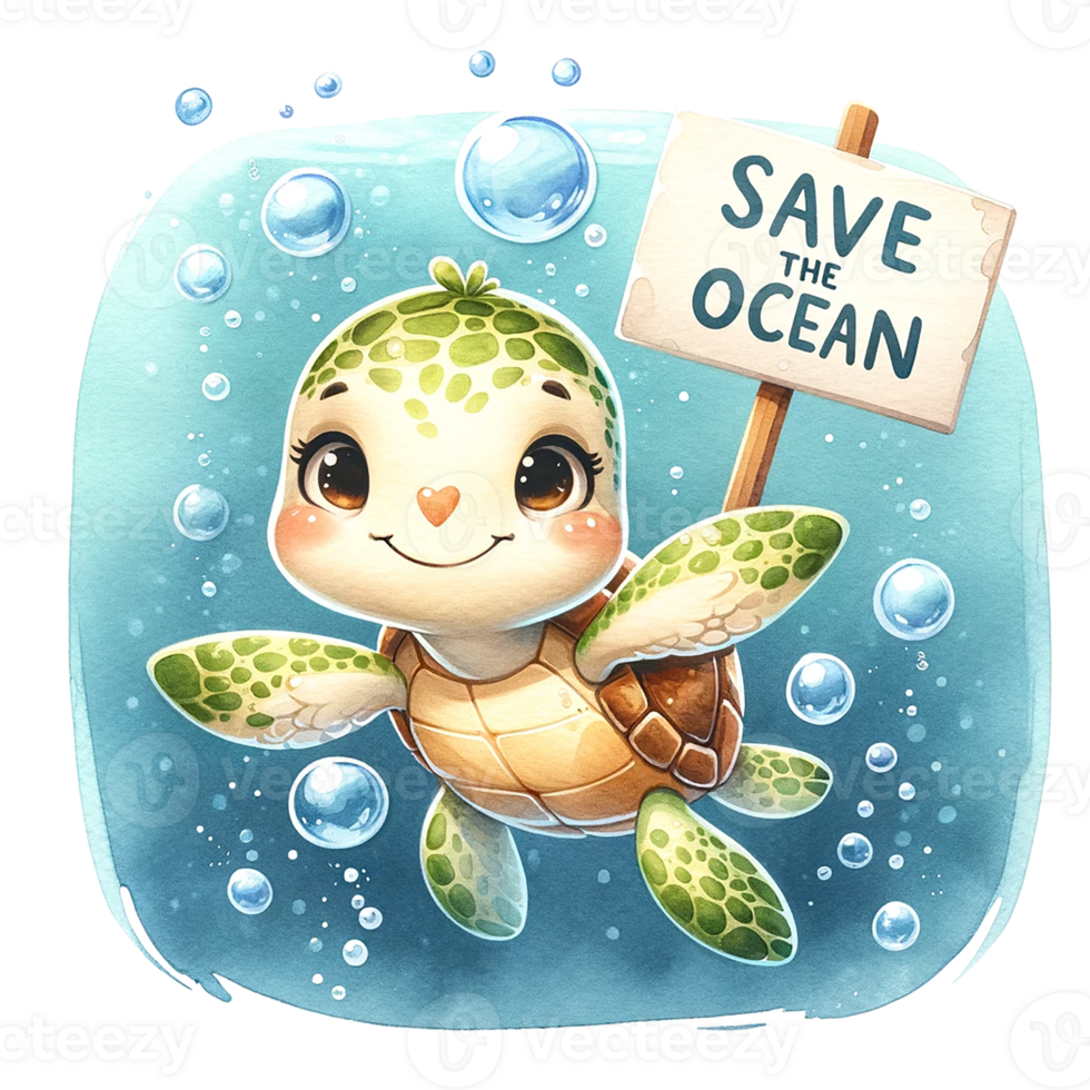 ai gerado uma tartaruga com Salve  a oceano bandeira debaixo água. aguarela ilustração png