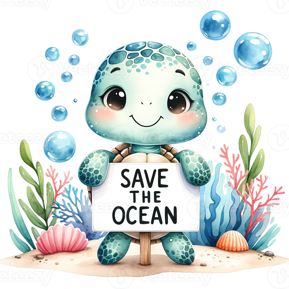 AI generated A turtle with  Save the Ocean banner  under water. watercolor illustration png